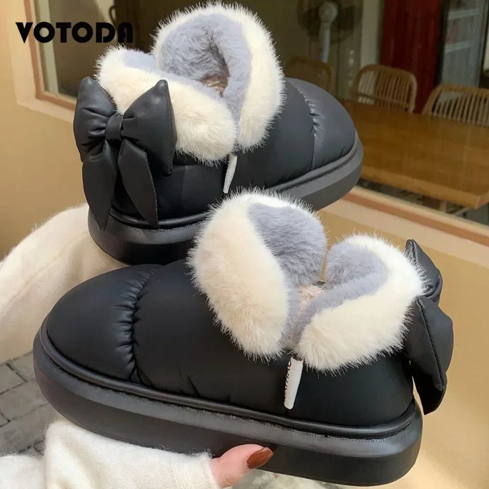 Storazone Winter Women Cute Warm Ankle Boots Outdoor Non-slip Thick Sole Snow Boots Furry Bow Cotton Shoes Men Pu Waterproof Plush Boots