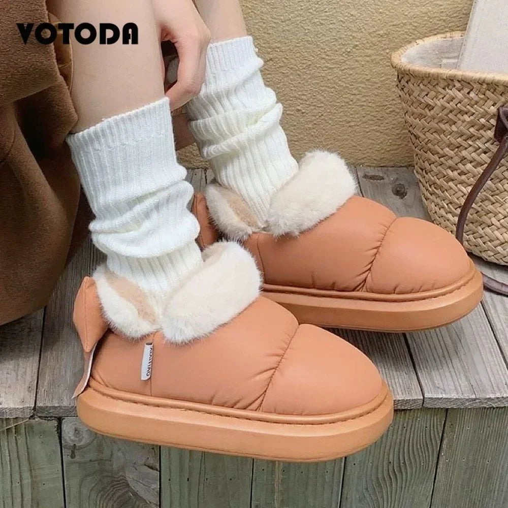 Storazone Winter Women Cute Warm Ankle Boots Outdoor Non-slip Thick Sole Snow Boots Furry Bow Cotton Shoes Men Pu Waterproof Plush Boots