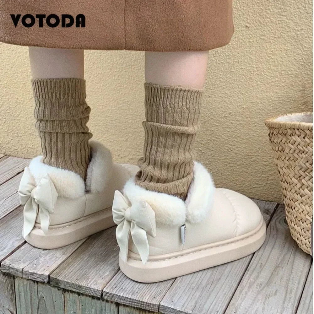 Storazone Winter Women Cute Warm Ankle Boots Outdoor Non-slip Thick Sole Snow Boots Furry Bow Cotton Shoes Men Pu Waterproof Plush Boots
