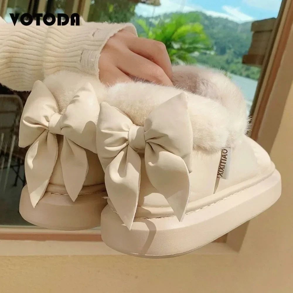 Storazone Winter Women Cute Warm Ankle Boots Outdoor Non-slip Thick Sole Snow Boots Furry Bow Cotton Shoes Men Pu Waterproof Plush Boots