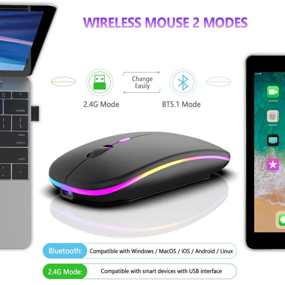 Storazone Wireless Mouse Bluetooth and 2.4GHz Dual Modes Rechargeable RGB Ergonomic Silent Click for PC iPad Laptop Cell Phone TV