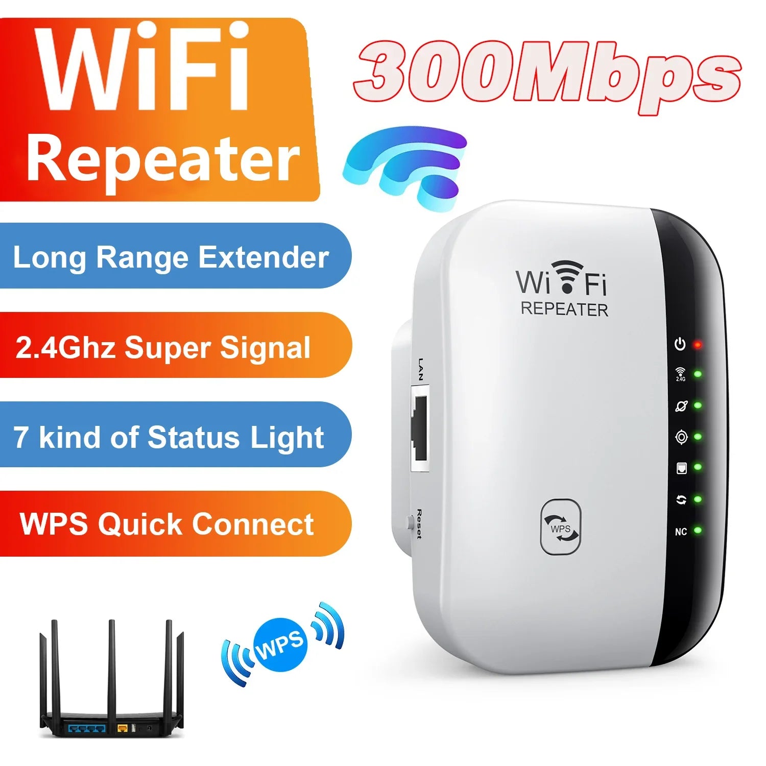 Storazone Wireless WiFi Repeater 300Mbps WiFi Extender Amplifier Booster Router 802.11N WPS Long Range 7 Status Light WiFi Repeater for PC