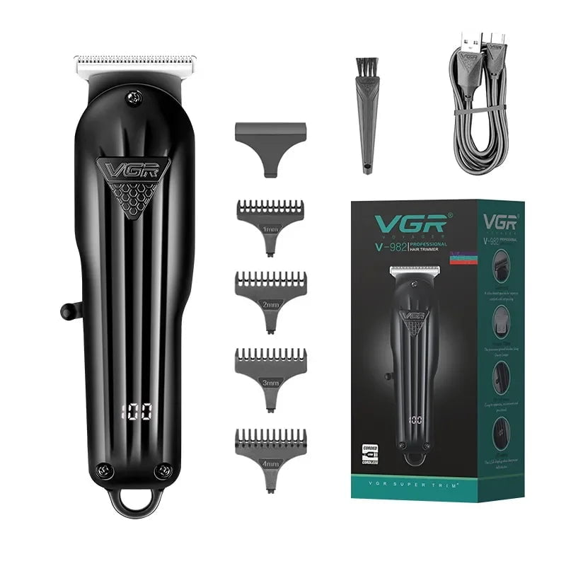 Storazone with box VGR Hair Trimmer Professional Hair Clipper Electric T-Blade Hair Cutting Machine 0mm LED Display Barber Trimmer for Men V-982