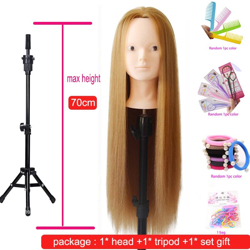 Storazone with small tripod 2 / CHINA 100% High Temperature Fiber Blonde Hair Mannequin Head Training Head For Braid Hairdressing Manikin Doll Head With Clamp