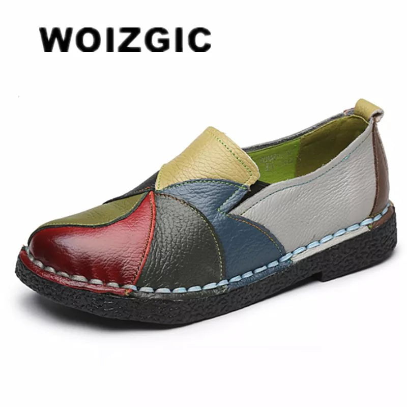 Storazone WOIZGIC Women's Ladies Female Woman Mother Shoes Flats Genuine Leather Loafers Moccasins Mixed Colorful Non Slip On Plus Size 42