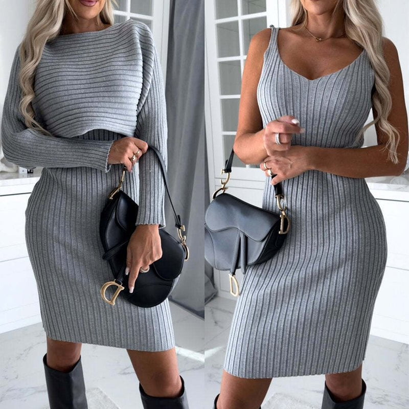 STORAZONE Woman fashion and Outdoor 2pcs Suit Women's Solid Stripe Long-sleeved Top And Tight Suspender Skirt Fashion Autumn Winter Slim Clothing