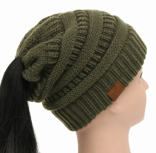 STORAZONE Woman fashion and Outdoor Army green High Bun Ponytail Beanie Hat Chunky Soft Stretch Cable Knit Warm Fuzzy Lined Skull Beanie Acrylic Hats Men And Women