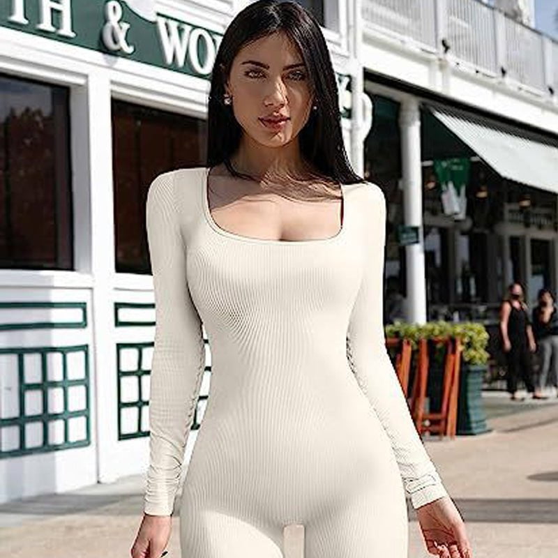 STORAZONE Woman fashion and Outdoor Beige / 2XL Women's Yoga Sports Fitness Jumpsuit Workout Long Sleeve Square Collar Clothing