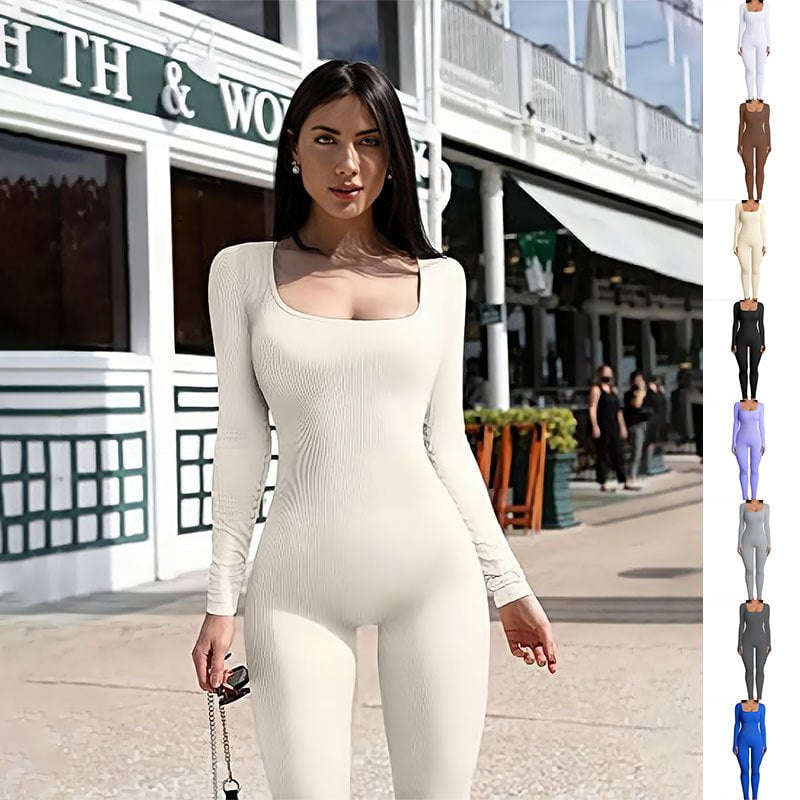 STORAZONE Woman fashion and Outdoor Beige / 3XL Women's Yoga Sports Fitness Jumpsuit Workout Long Sleeve Square Collar Clothing