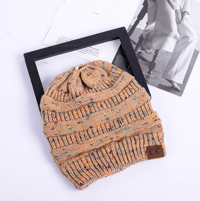 STORAZONE Woman fashion and Outdoor Beige B High Bun Ponytail Beanie Hat Chunky Soft Stretch Cable Knit Warm Fuzzy Lined Skull Beanie Acrylic Hats Men And Women
