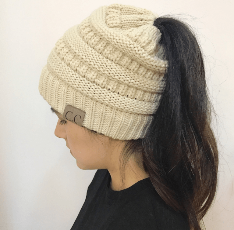 STORAZONE Woman fashion and Outdoor Beige High Bun Ponytail Beanie Hat Chunky Soft Stretch Cable Knit Warm Fuzzy Lined Skull Beanie Acrylic Hats Men And Women