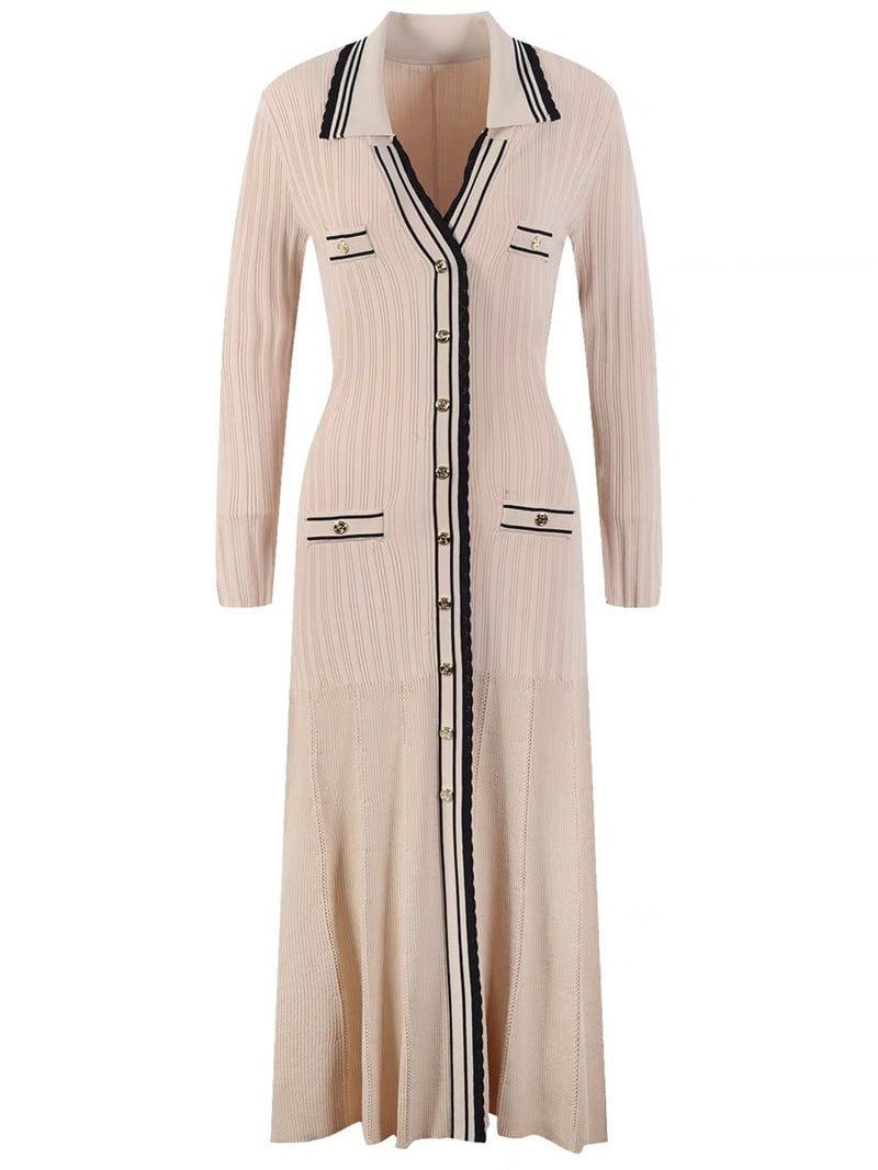 STORAZONE Woman fashion and Outdoor Beige / L Temperament Commute Shirt Lapel V-neck Knitted Stretch Slimming Long Dress