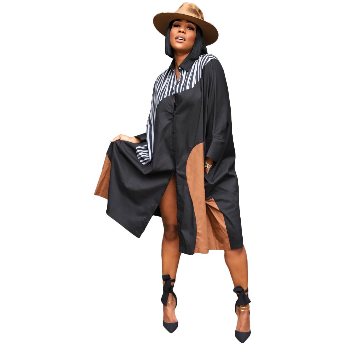 STORAZONE Woman fashion and Outdoor Black / 2XL European And American Plus Size Loose Multicolor Batwing Sleeve Shirt Idle Style Dress