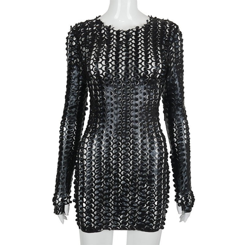 STORAZONE Woman fashion and Outdoor Black A20675D / L European And American Solid Color Hole Long Sleeve Narrow Ultra Short Dress
