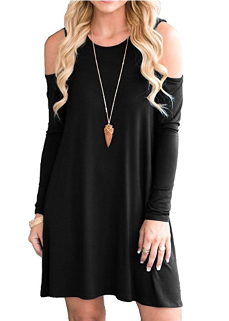STORAZONE Woman fashion and Outdoor Black / L Solid Color Off-the-shoulder Long Sleeve Dress