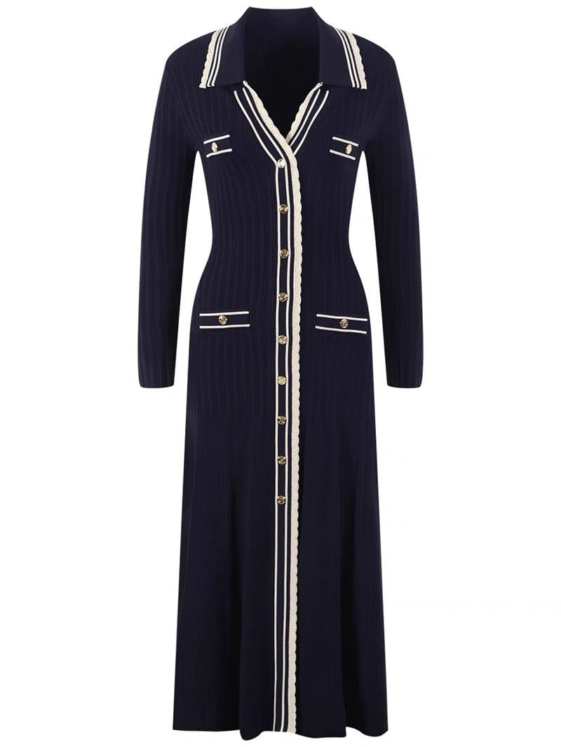 STORAZONE Woman fashion and Outdoor Black / L Temperament Commute Shirt Lapel V-neck Knitted Stretch Slimming Long Dress