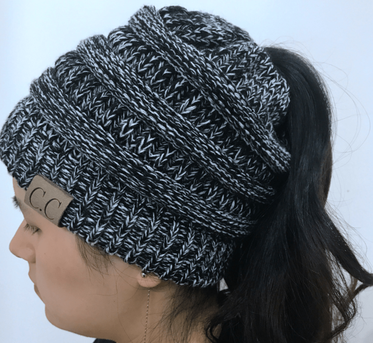 STORAZONE Woman fashion and Outdoor Blackwhite High Bun Ponytail Beanie Hat Chunky Soft Stretch Cable Knit Warm Fuzzy Lined Skull Beanie Acrylic Hats Men And Women
