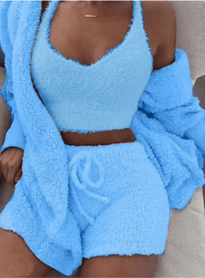 STORAZONE Woman fashion and Outdoor Blue / 3XL 3pcs Womens Clothing Long Sleeve Crop Tank Top And Drawstring Shorts Pajama Set