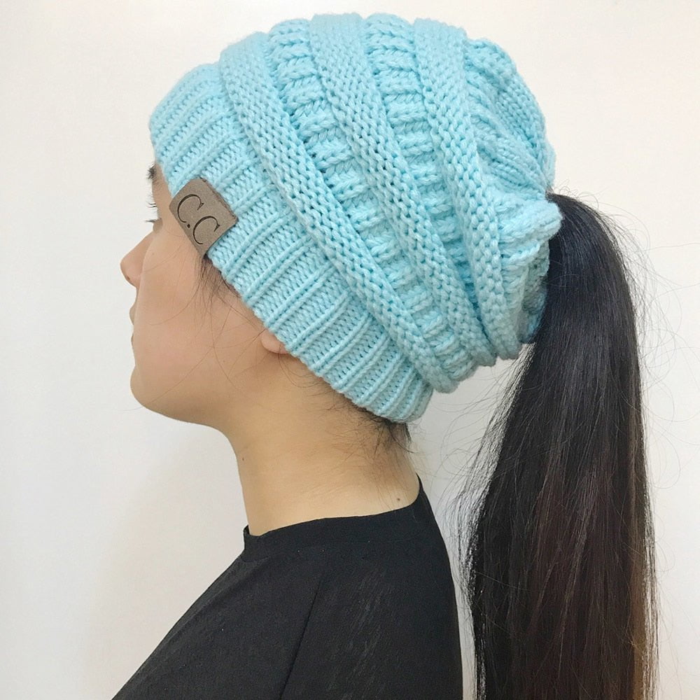 STORAZONE Woman fashion and Outdoor Blue High Bun Ponytail Beanie Hat Chunky Soft Stretch Cable Knit Warm Fuzzy Lined Skull Beanie Acrylic Hats Men And Women