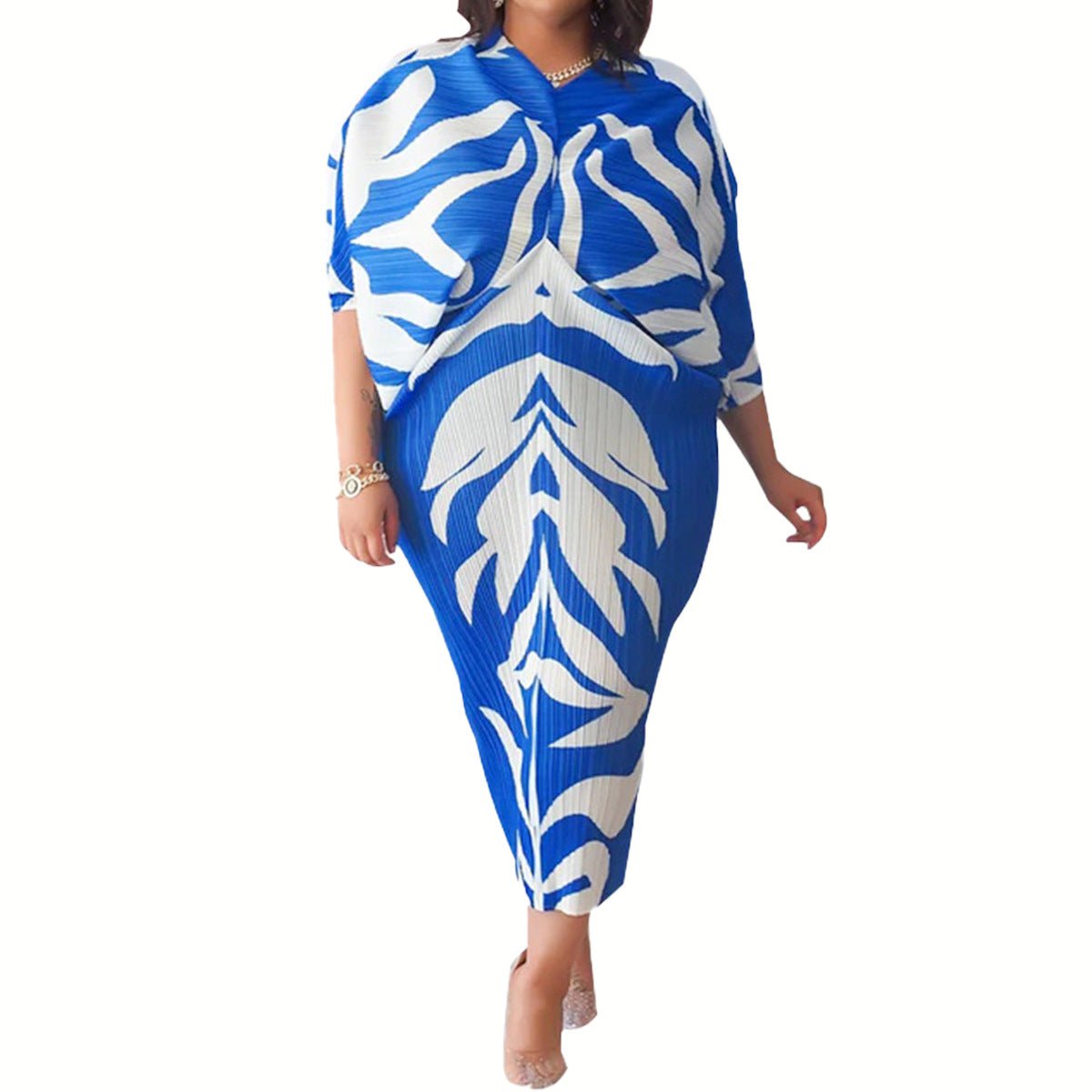 STORAZONE Woman fashion and Outdoor Blue White / Free Size Plus Size Women's Amoi Pleated Positioning Printed Batwing Sleeve Dress