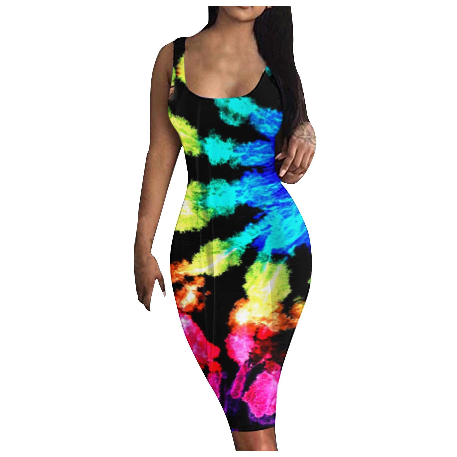 STORAZONE Woman fashion and Outdoor BMLYQ127 / 2XL Solid Color Printing Long Sling Dress