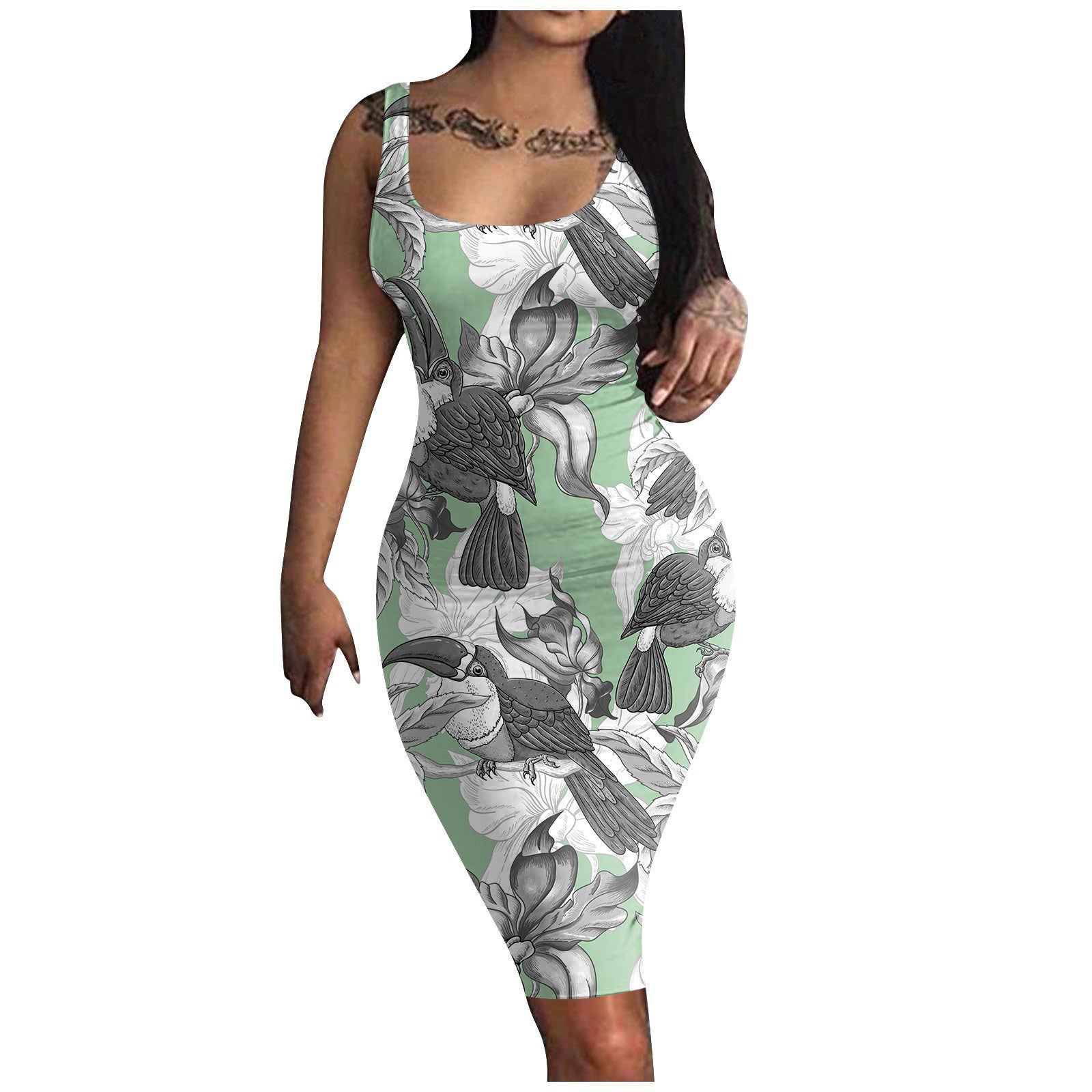 STORAZONE Woman fashion and Outdoor BMLYQ128 / 2XL Solid Color Printing Long Sling Dress