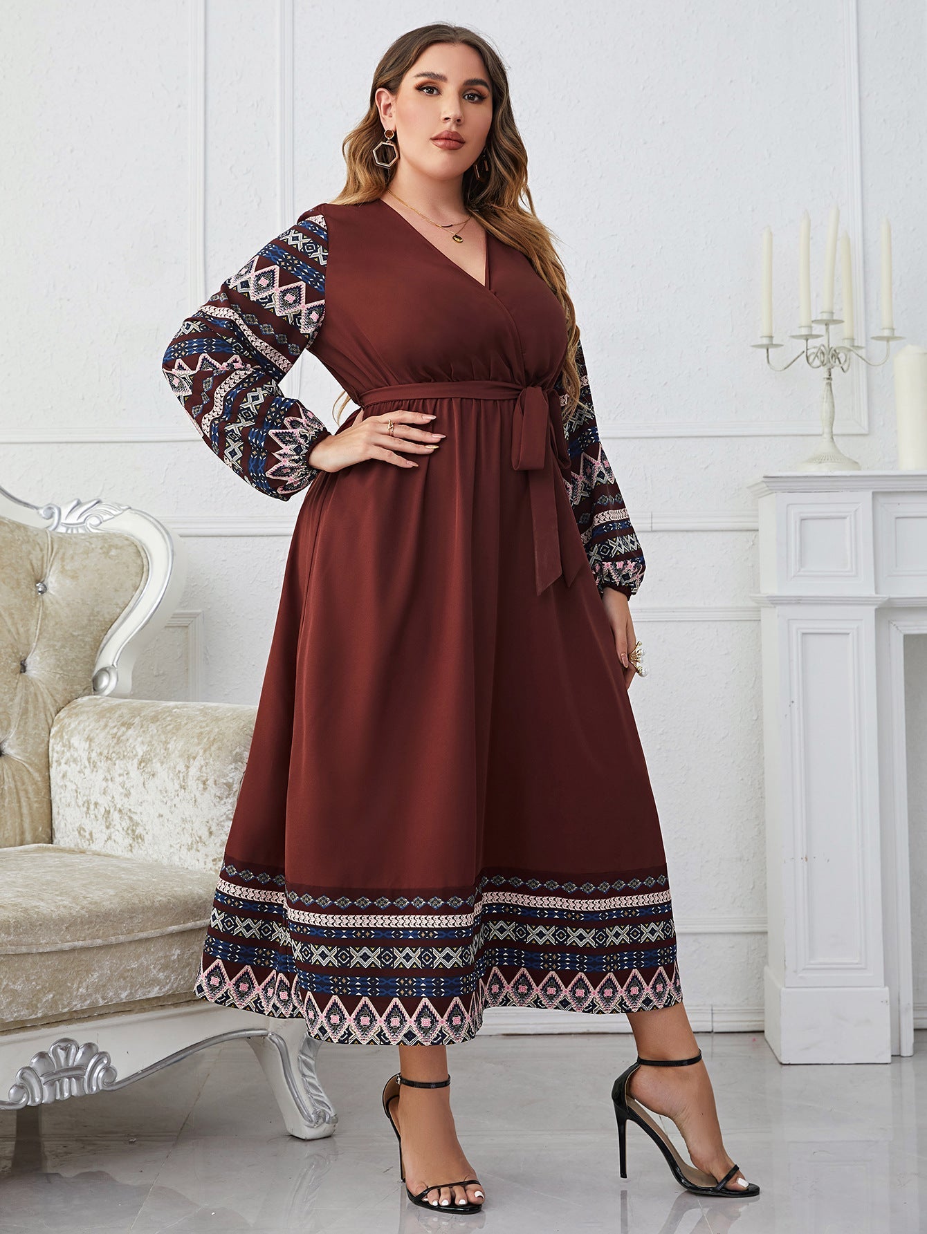 STORAZONE Woman fashion and Outdoor Brown / 2XL New Elegant Tied High Waist V-neck Plus Size Women's Long Sleeve Dress