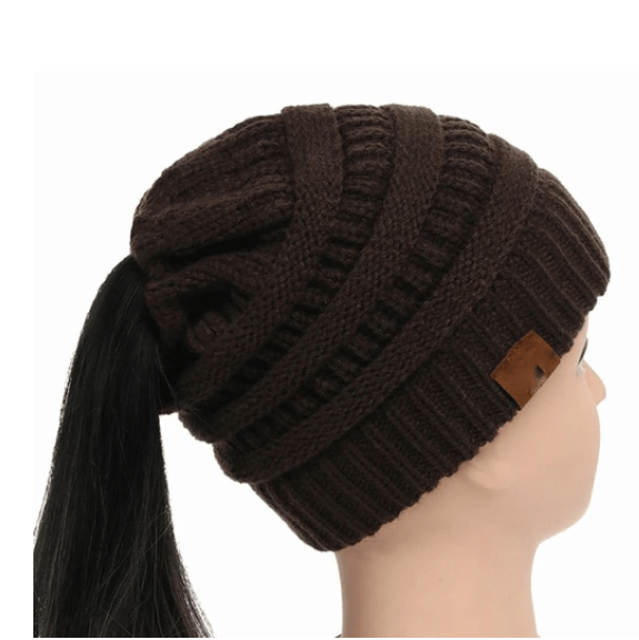 STORAZONE Woman fashion and Outdoor Brown High Bun Ponytail Beanie Hat Chunky Soft Stretch Cable Knit Warm Fuzzy Lined Skull Beanie Acrylic Hats Men And Women