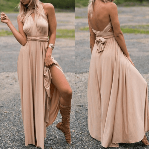 STORAZONE Woman fashion and Outdoor Champagne / L Women Bandage Convertible Boho Maxi Dress