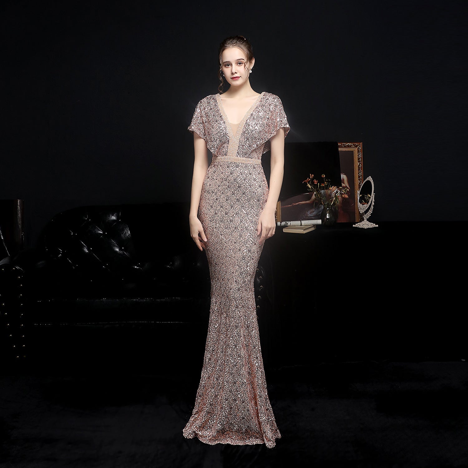 STORAZONE Woman fashion and Outdoor Champagne / L Women's Sequin Fishtail Banquet Elegant V-neck Dress