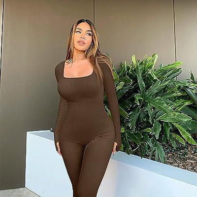 STORAZONE Woman fashion and Outdoor Coffee / 2XL Women's Yoga Sports Fitness Jumpsuit Workout Long Sleeve Square Collar Clothing