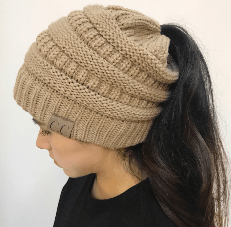 STORAZONE Woman fashion and Outdoor Coffee High Bun Ponytail Beanie Hat Chunky Soft Stretch Cable Knit Warm Fuzzy Lined Skull Beanie Acrylic Hats Men And Women