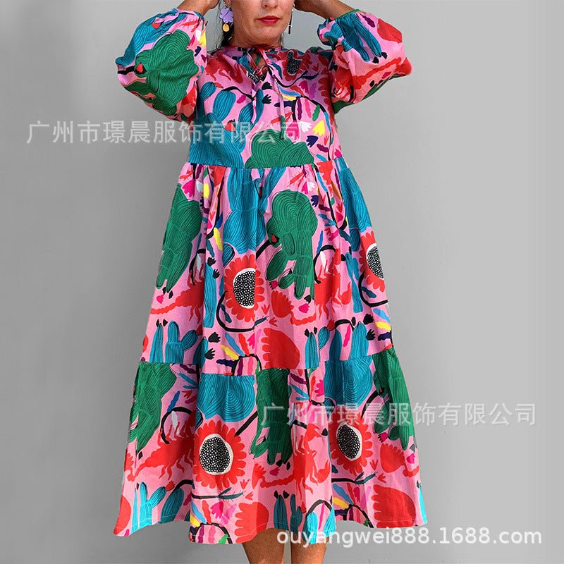 STORAZONE Woman fashion and Outdoor Color / 2XL Loose Printed Long-sleeve Round-collar Dress