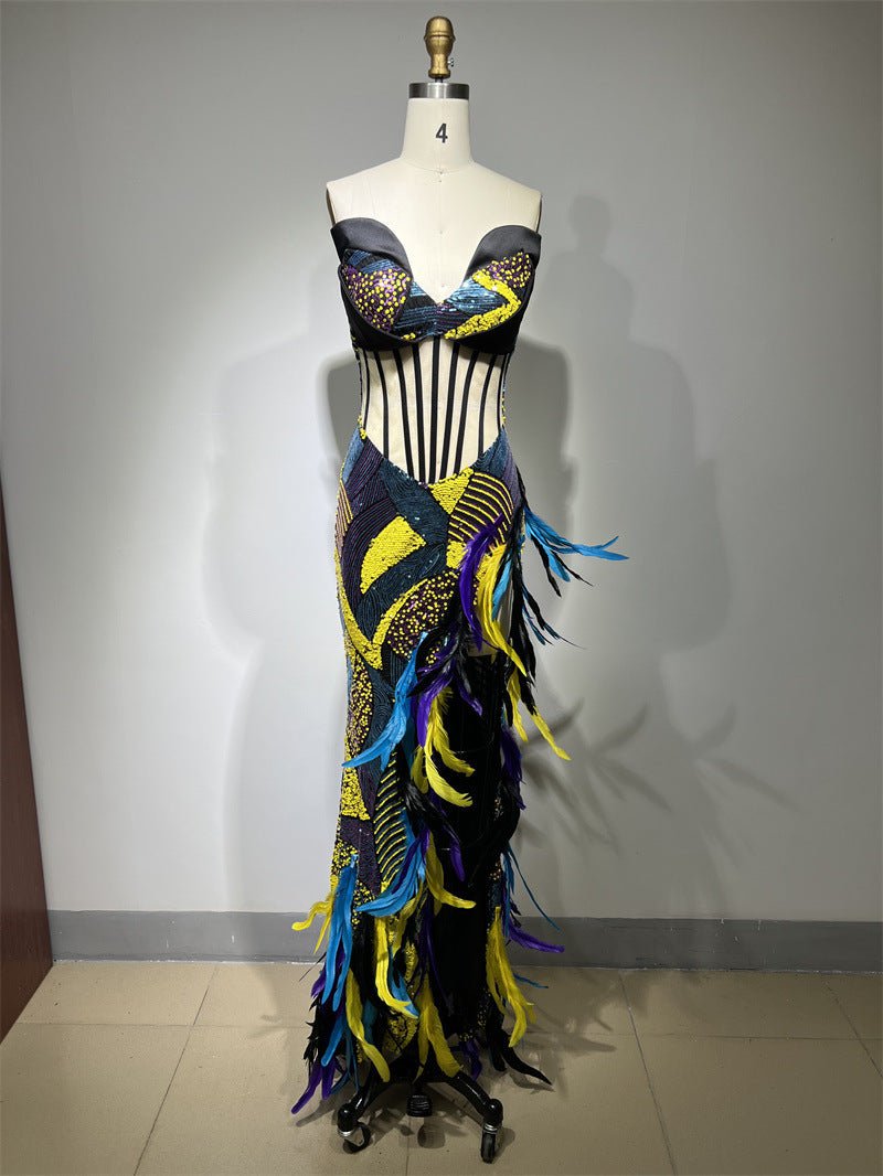 STORAZONE Woman fashion and Outdoor Color / L Heavy Industry Sequin Embroidery Color Feather High Slit Tube Top Dress