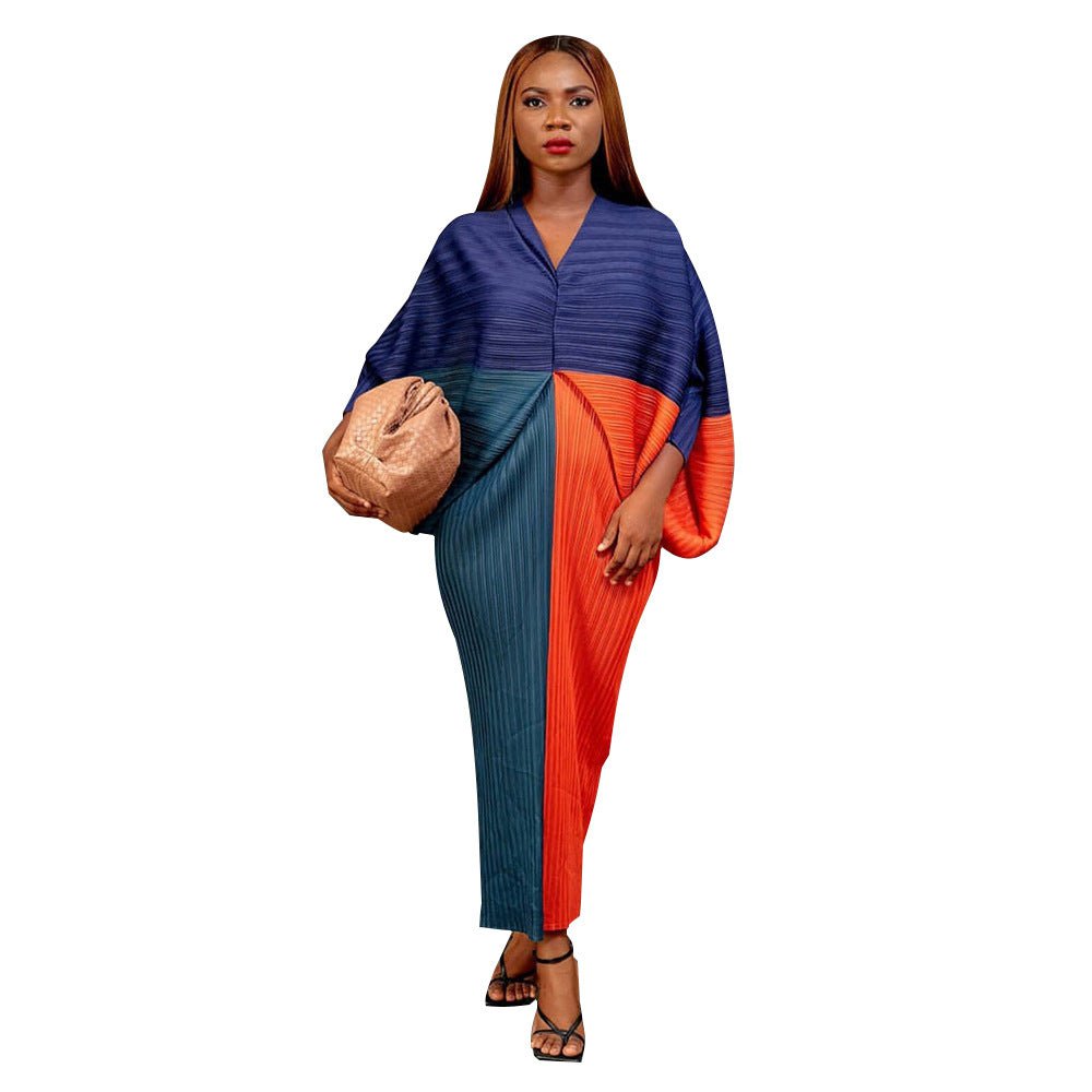 STORAZONE Woman fashion and Outdoor Colorful Blue Orange / Free Size European And American V-neck Batwing Sleeve Printing Dress