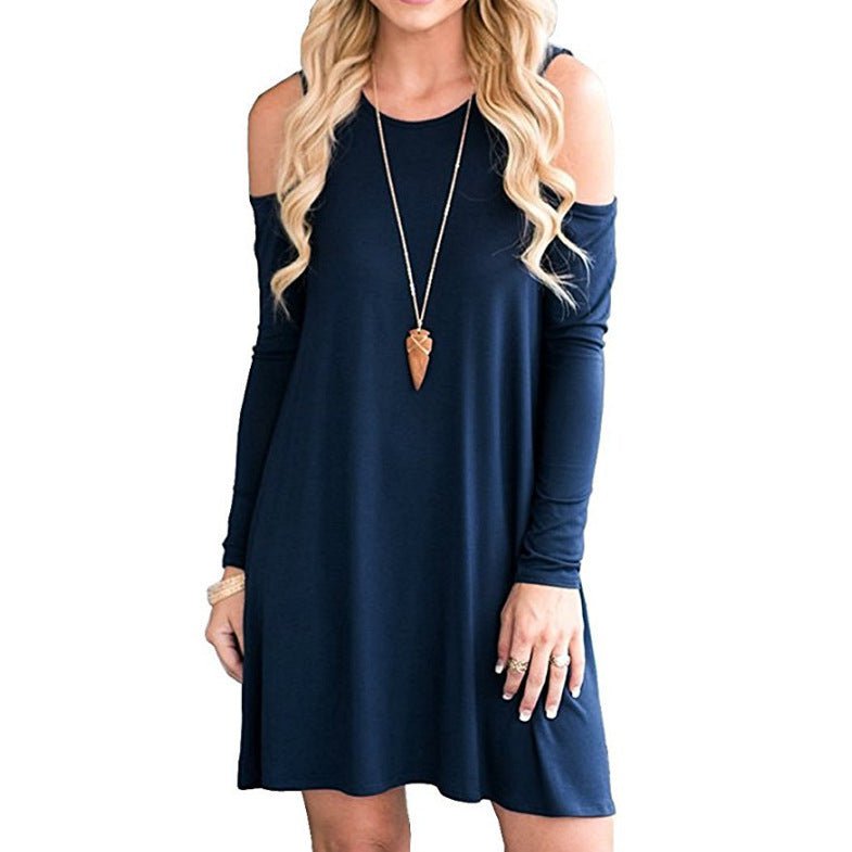 STORAZONE Woman fashion and Outdoor Dark Blue / L Solid Color Off-the-shoulder Long Sleeve Dress