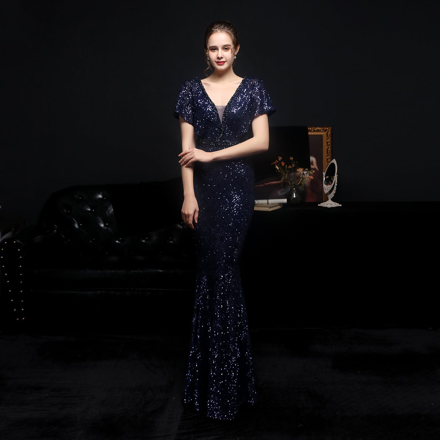 STORAZONE Woman fashion and Outdoor Dark Blue / L Women's Sequin Fishtail Banquet Elegant V-neck Dress