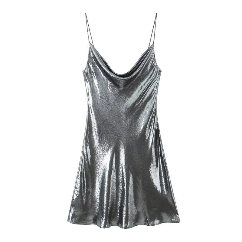 STORAZONE Woman fashion and Outdoor Dark Color / L European And American Fashion Low Collar Backless Metallic Sling Dress