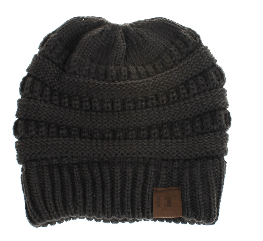STORAZONE Woman fashion and Outdoor Dark grey High Bun Ponytail Beanie Hat Chunky Soft Stretch Cable Knit Warm Fuzzy Lined Skull Beanie Acrylic Hats Men And Women