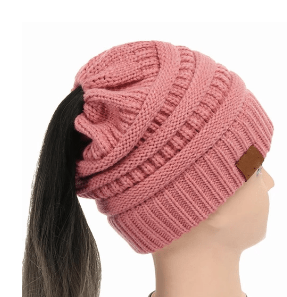 STORAZONE Woman fashion and Outdoor Dark pink High Bun Ponytail Beanie Hat Chunky Soft Stretch Cable Knit Warm Fuzzy Lined Skull Beanie Acrylic Hats Men And Women