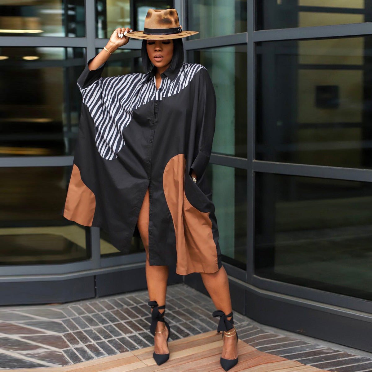 STORAZONE Woman fashion and Outdoor European And American Plus Size Loose Multicolor Batwing Sleeve Shirt Idle Style Dress