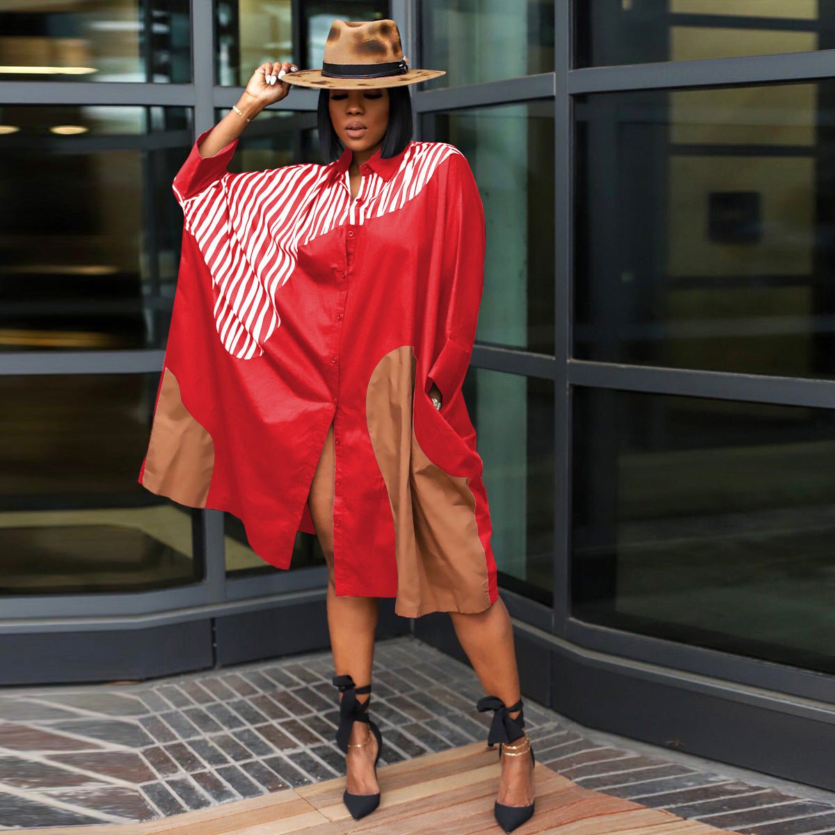 STORAZONE Woman fashion and Outdoor European And American Plus Size Loose Multicolor Batwing Sleeve Shirt Idle Style Dress
