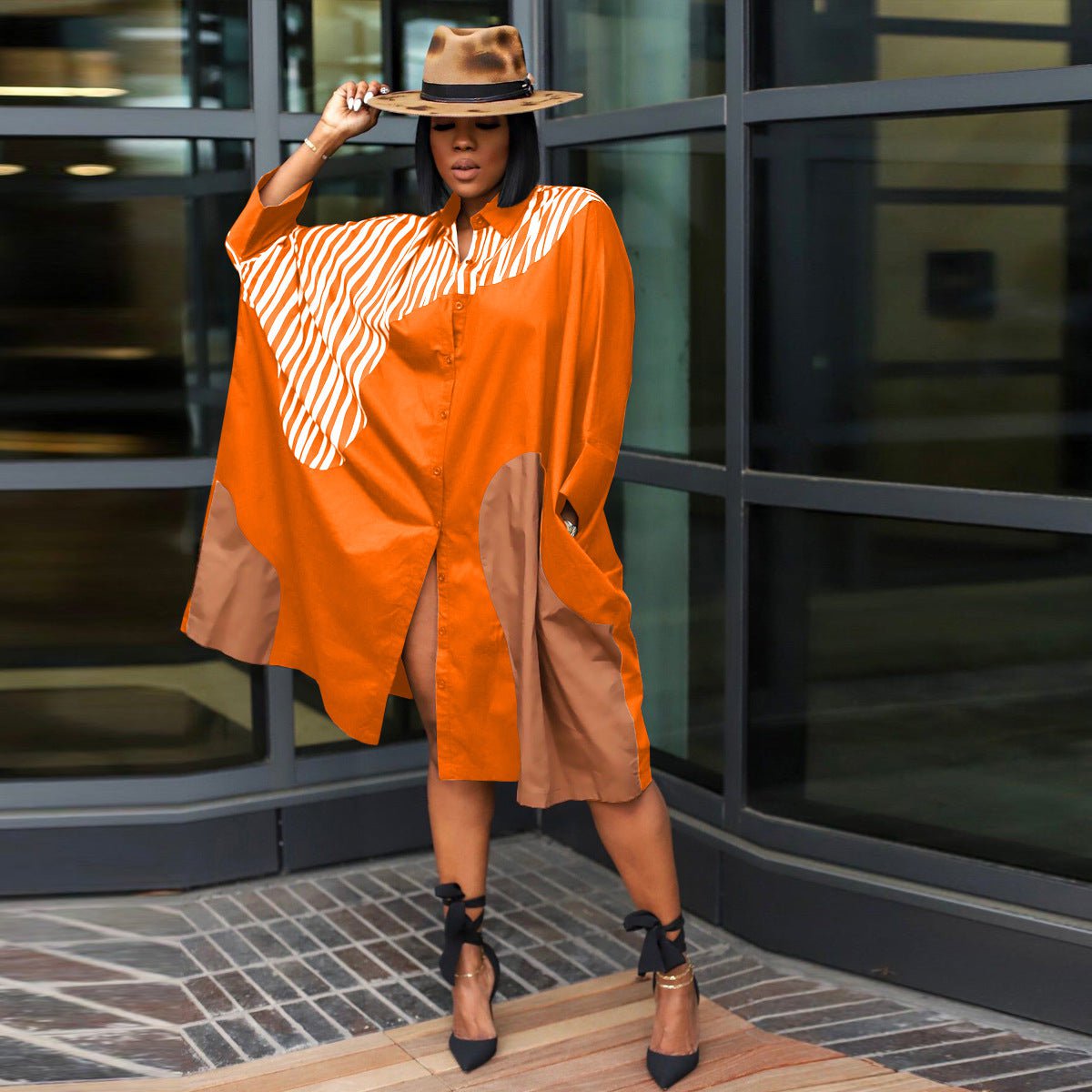 STORAZONE Woman fashion and Outdoor European And American Plus Size Loose Multicolor Batwing Sleeve Shirt Idle Style Dress