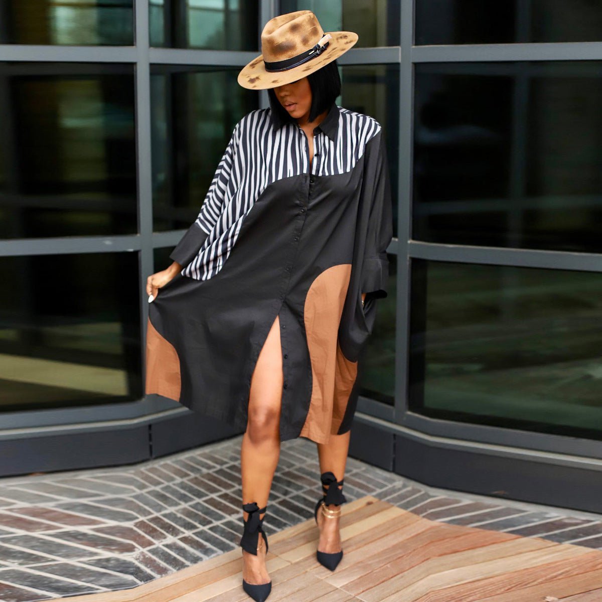 STORAZONE Woman fashion and Outdoor European And American Plus Size Loose Multicolor Batwing Sleeve Shirt Idle Style Dress