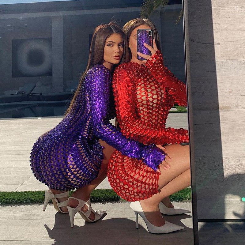 STORAZONE Woman fashion and Outdoor European And American Solid Color Hole Long Sleeve Narrow Ultra Short Dress