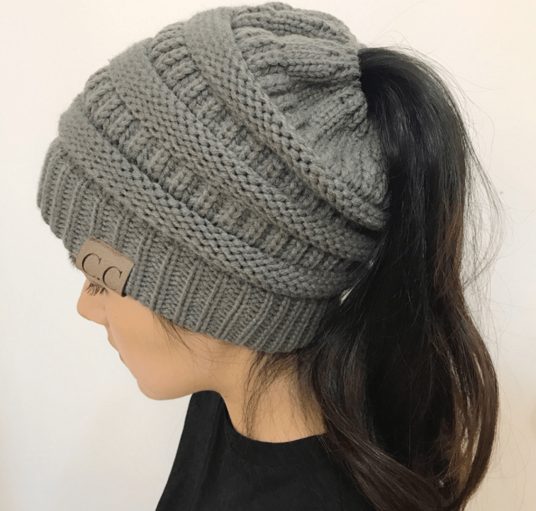 STORAZONE Woman fashion and Outdoor Gray High Bun Ponytail Beanie Hat Chunky Soft Stretch Cable Knit Warm Fuzzy Lined Skull Beanie Acrylic Hats Men And Women