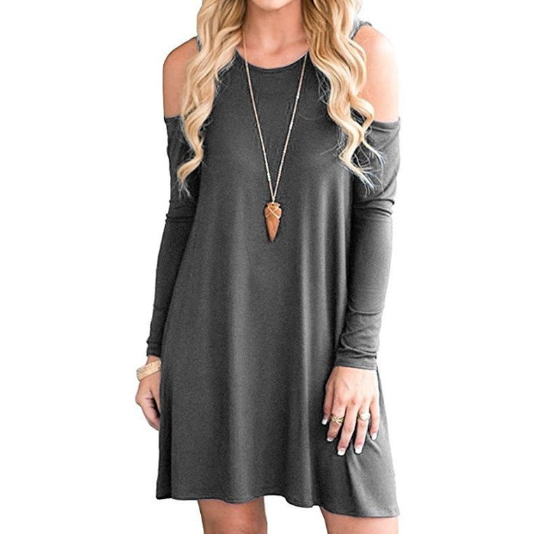 STORAZONE Woman fashion and Outdoor Gray / L Solid Color Off-the-shoulder Long Sleeve Dress