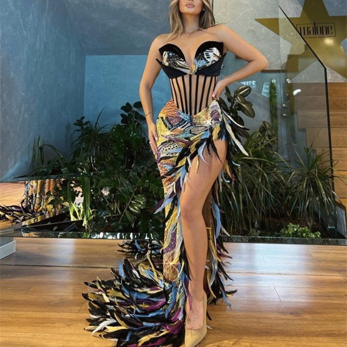 STORAZONE Woman fashion and Outdoor Heavy Industry Sequin Embroidery Color Feather High Slit Tube Top Dress