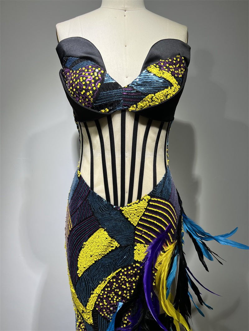 STORAZONE Woman fashion and Outdoor Heavy Industry Sequin Embroidery Color Feather High Slit Tube Top Dress
