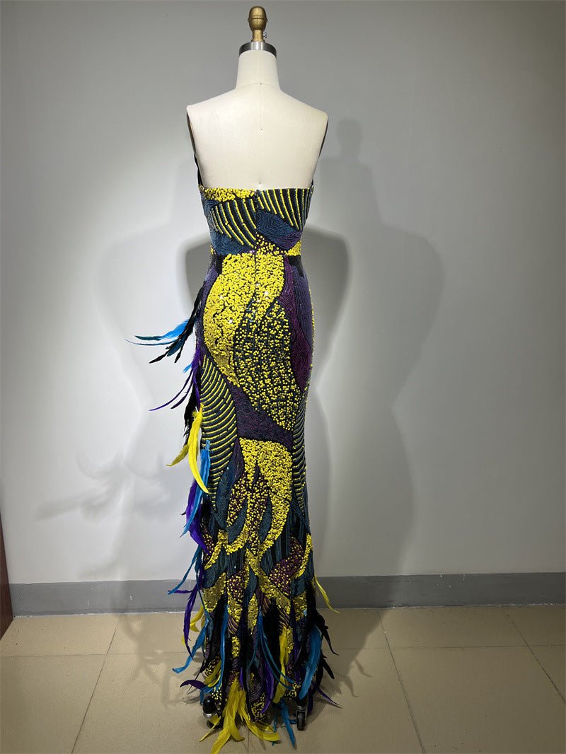 STORAZONE Woman fashion and Outdoor Heavy Industry Sequin Embroidery Color Feather High Slit Tube Top Dress